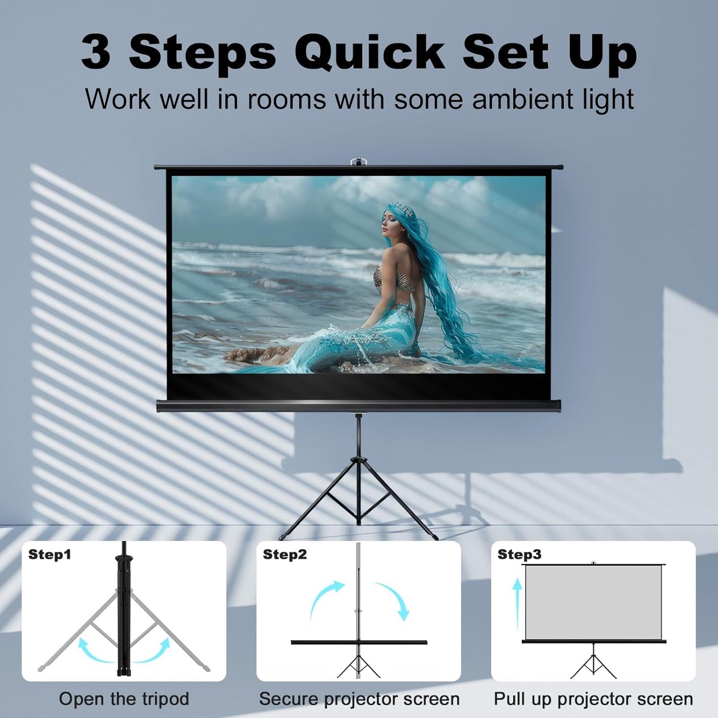 Outdoor Projector Screen with Stand Tripod, Indoor Pull Up Portable Projector Screen, 60 INCH 16:9 Adjustable Projection Screen with Carry Bag for Home Theater Backyard Party Movie Nights