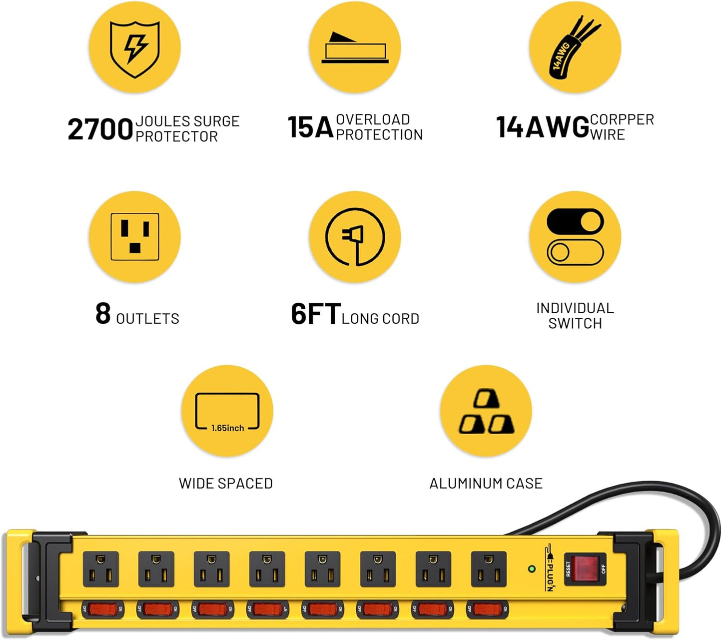 Plug'n 2 Packs 8 Outlet 2700J Surge Protector Power Strip with Individual Switches,Heavy Duty Garage Power Strip with Cord Manager,Flat Plug,6FT/14AWG Power Cord for Workshop,Shop,Home,Kitchen