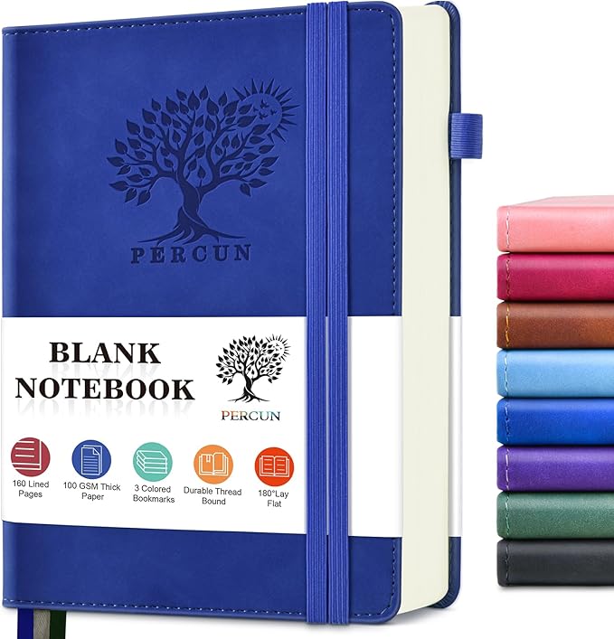 PERCUN Blank Journal Ntebook for Men & Women, 160 Pages Blank Journals for Writing, Drawing,Sketch Book,5.9" x 8.5" Leather Sketchbook, Unlined Notebook for Work, School, Art - Navy
