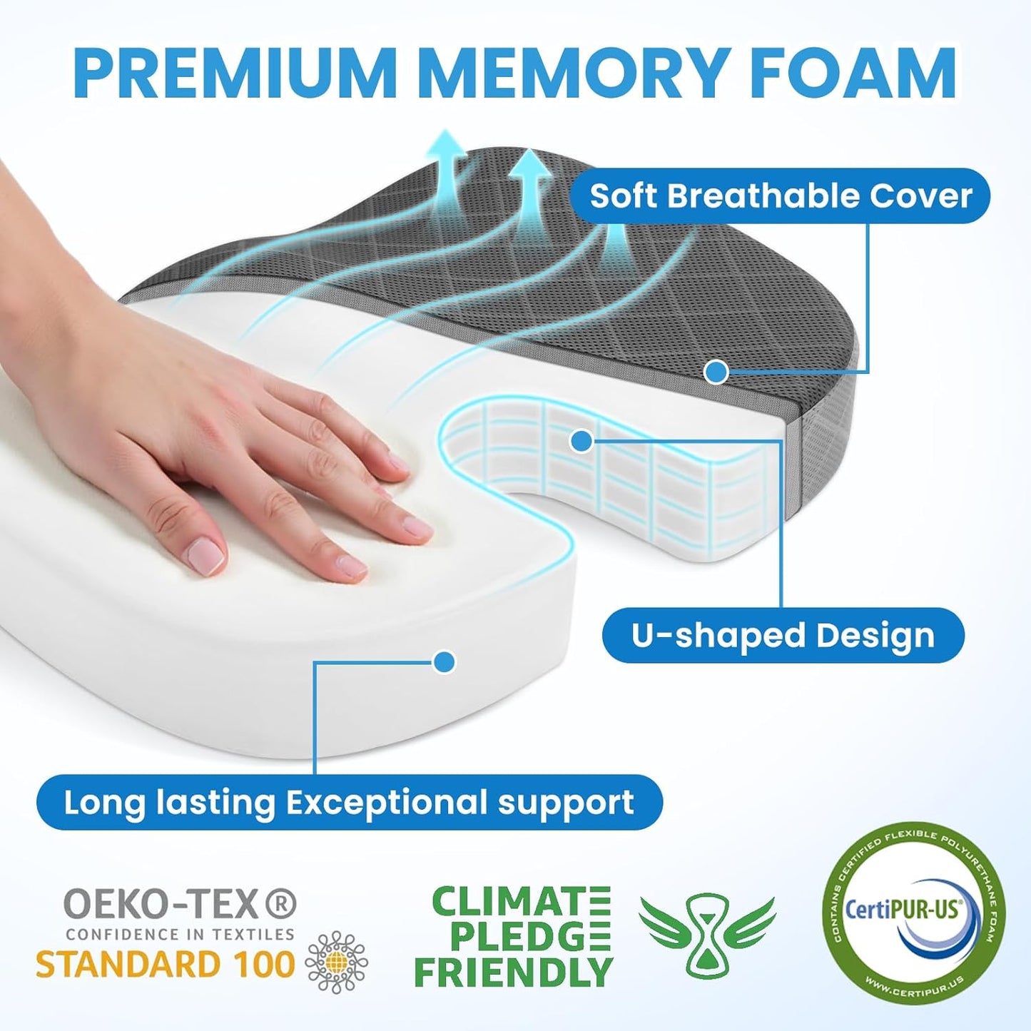 TushGuard Office/Car Seat Cushion, Non-Slip Sciatica & Back Coccyx Tailbone Pain Relief Chair Pad, Memory Foam Butt Pillow for Computer Desk, Wheelchair, Driving (Black&Grey)