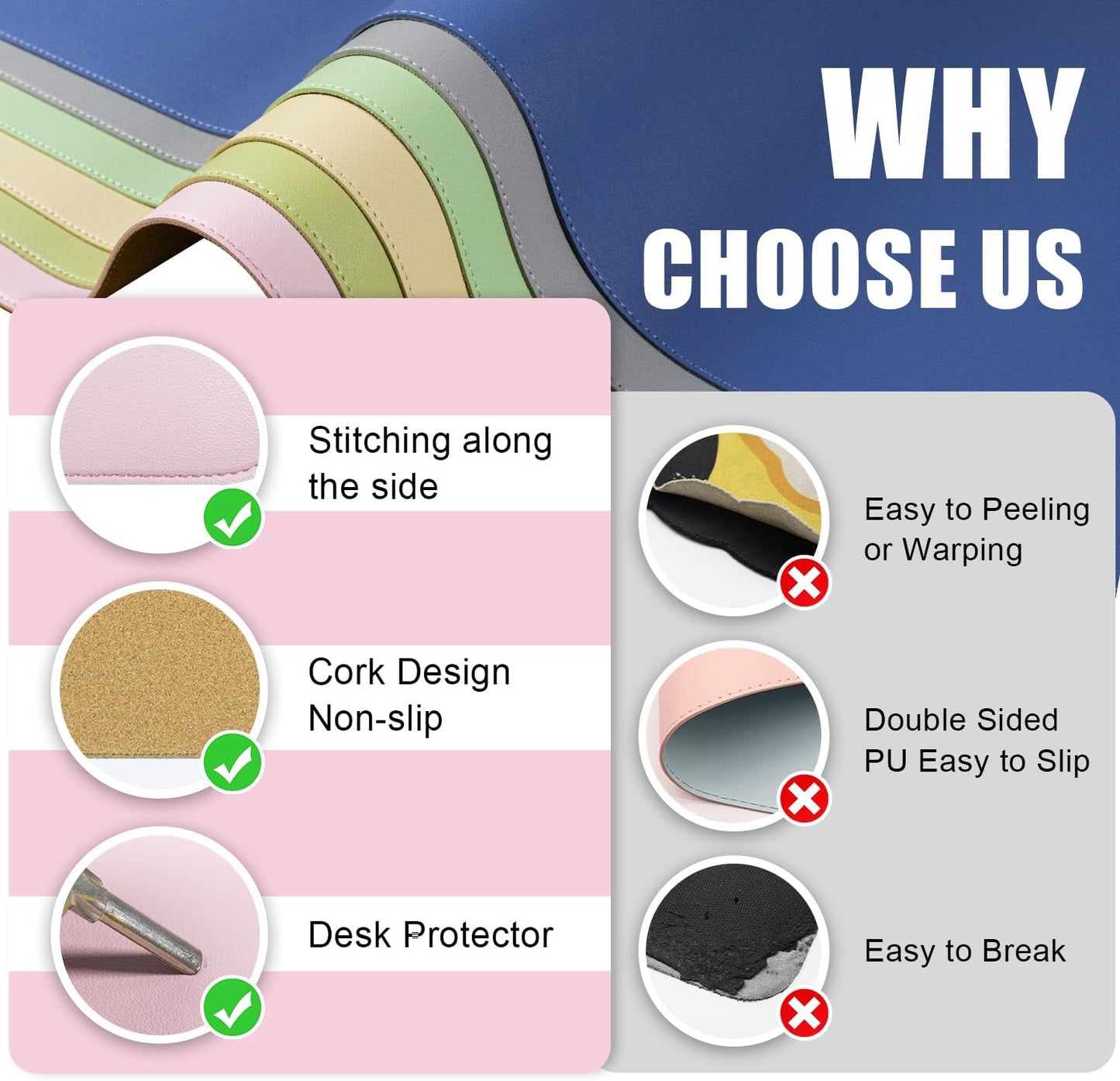 Large Non-Slip PU Leather Office Mat for Home & Office, 55'' x 17'' - Laptop Desk Blotter Pad for Mouse and Keyboard, Pink