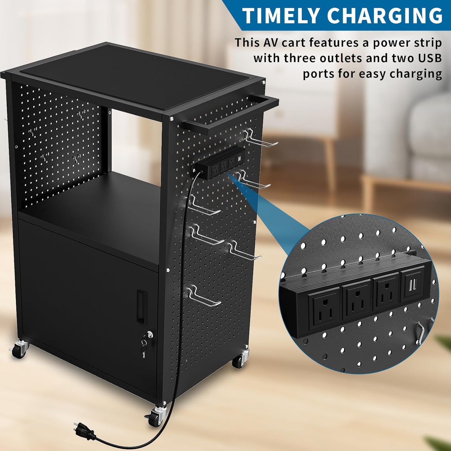 AV Presentation Media Cart Stand Up Desk with Storage Cabinet for Printer, Projector, Computers, TV, Rolling Storage Cart with Adjustable Shelves, Outlet and Cord for School Office Shop