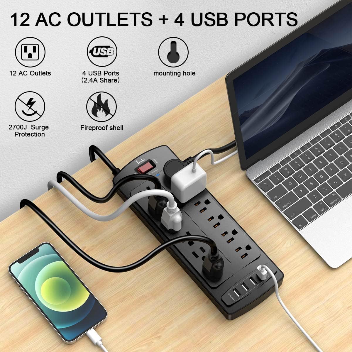 Power Strip, Tcstei Surge Protector with 12 Outlets and 4 USB Ports, 20 Feet Extension Cord (1875W/15A) for Home, Office, Dorm Essentials, 2700 Joules, ETL Listed, Black