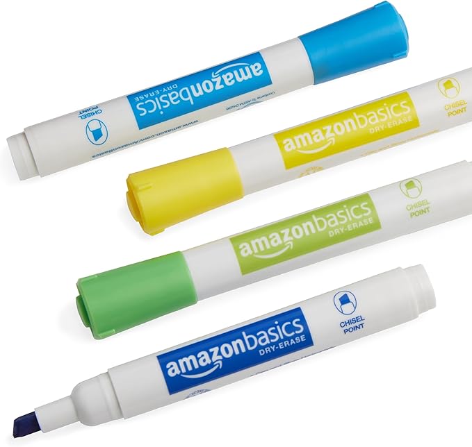 Amazon Basics Dry Erase Markers For Whiteboards, Chisel Tip, Low-Odor, Assorted Colors, Pack of 12