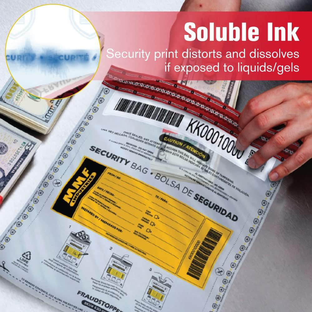 MMF Industries Cash Transmittal Bags | 9W x 12H | Pack of 100 | Unique Alphanumeric Numbering | Self-Sealing Adhesive | Four Tamper Indicators | Folded Bottom | Deposit Plastic Bags