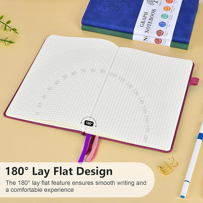 PERCUN Graph Paper Notebook, 160 Pages Grid Journal for women & men, A5 Hardcover Leather Graphing Notebook for School, Work, Travel, Note Taking 5.9”x8.5” (Burgundy)