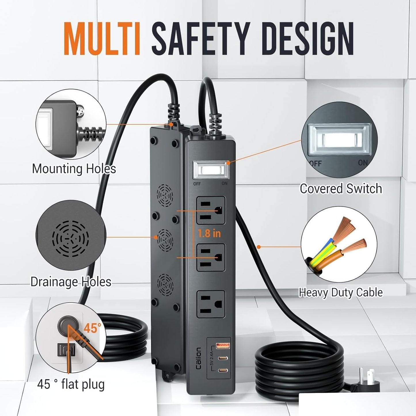 IPX6 Outdoor Power Strip Weatherproof, Waterproof Surge Protector with 3 Wide Outlet with 1A2C USB Ports, 15FT Long Extension Cord, Wall Mountable for Outside Decorations and More UL Listed(Black)