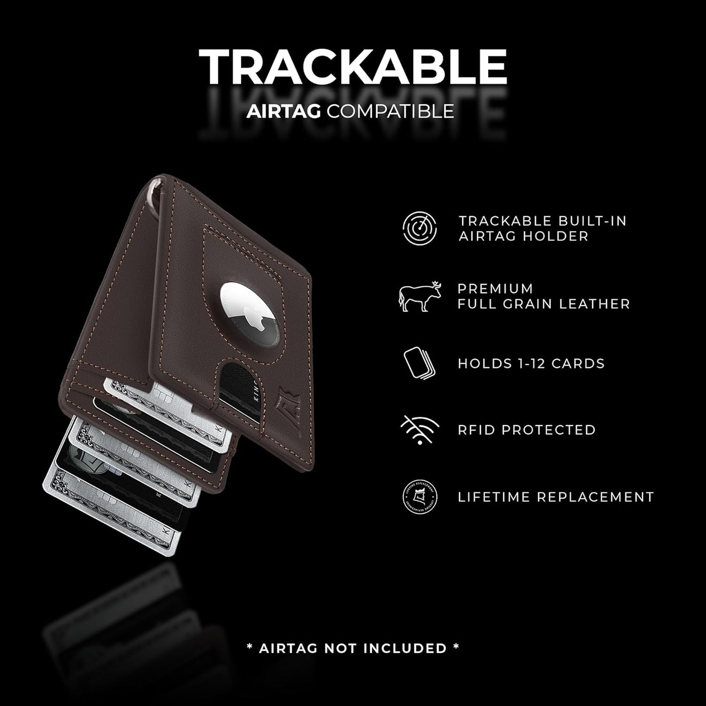 Kings Loot Trackable Airtag Wallet for Men | RFID Blocking Leather Design with Airtag Holder, Money Clip & Pull Tab | Minimalist Air Tag Wallets