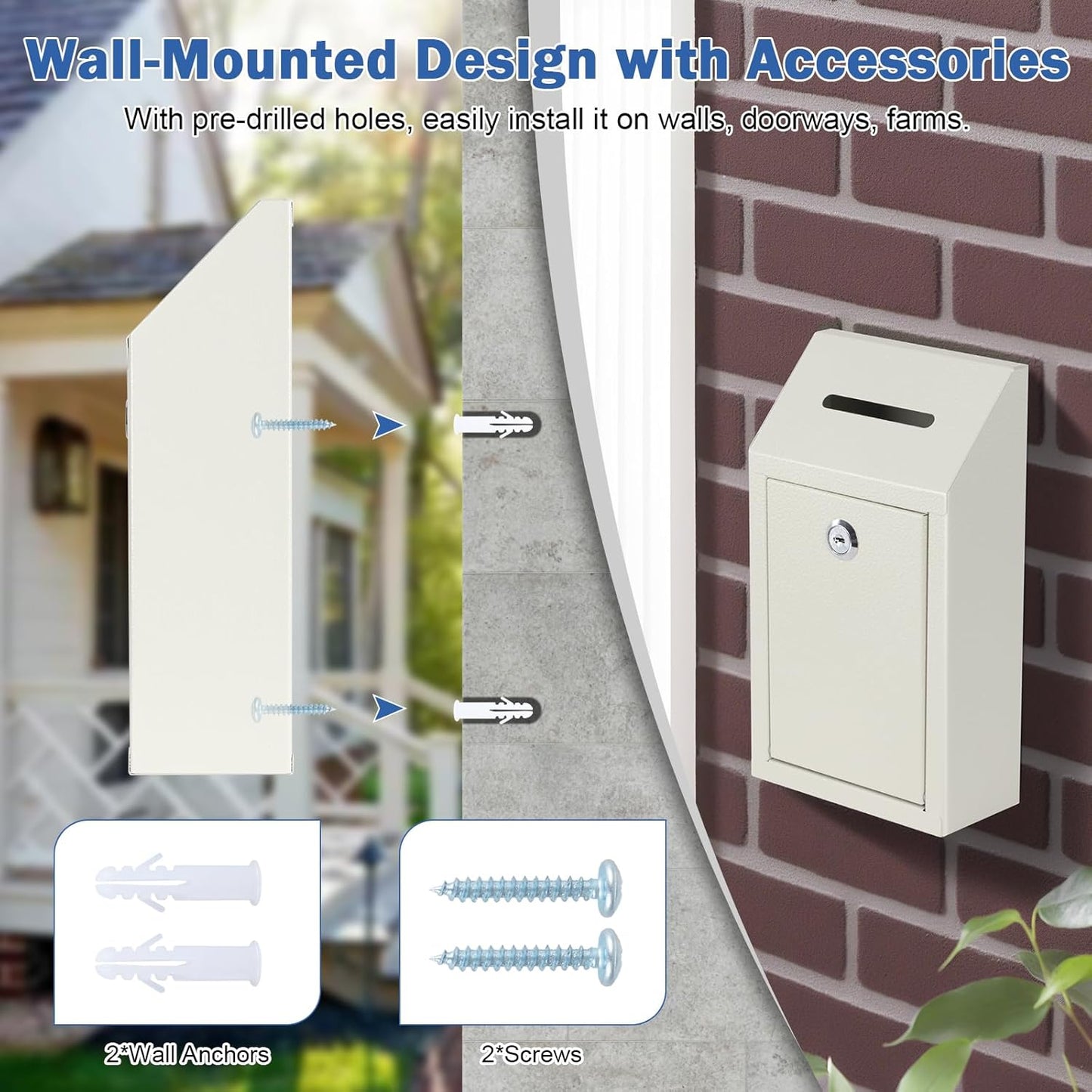 KYODOLED Money Cash Drop Box with Lock, Metal Donation and Suggestion Box with Slot Wall Mounted for Farm or Office, Home, Outdoor, White, 10.24 x 5.7 x 2.95 Inch