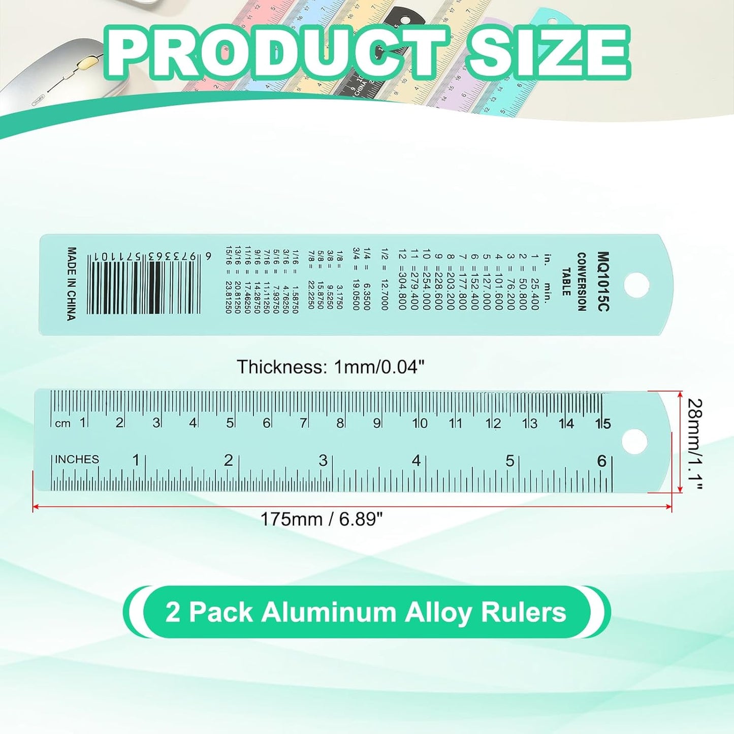 PATIKIL 15cm/6" Metal Ruler, 2 Pack Aluminum Alloy Rulers with Centimeters, Millimeters, Inches and Conversion Table Straight Edge Ruler for Writing Machinist Drafting, Blue Green
