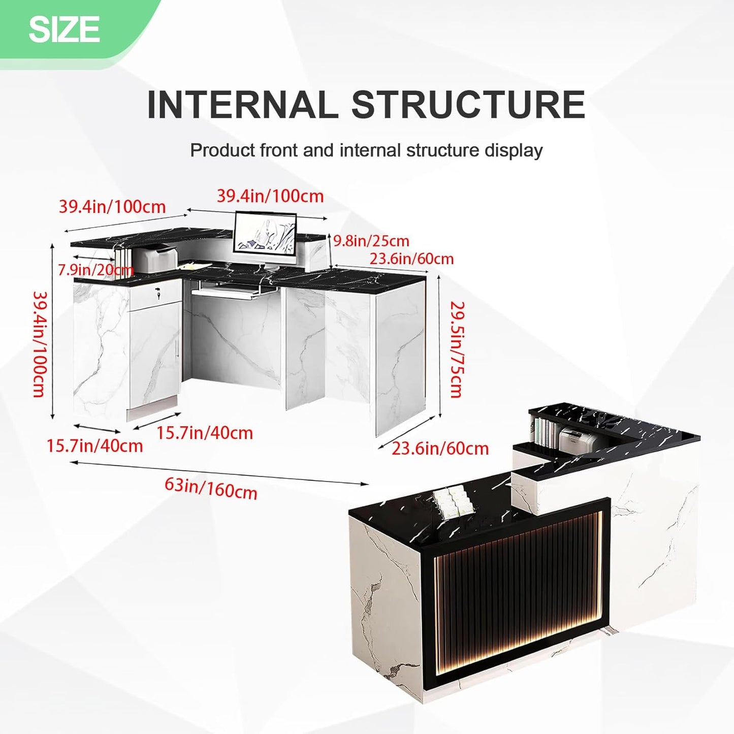 Modern Reception Desk with Counter and Drawer Office Front Desk with Cabinet Wooden Commercial Reception Table Checkout Counter for Retail Salon Lobby White and Black Left 63inch/160cm