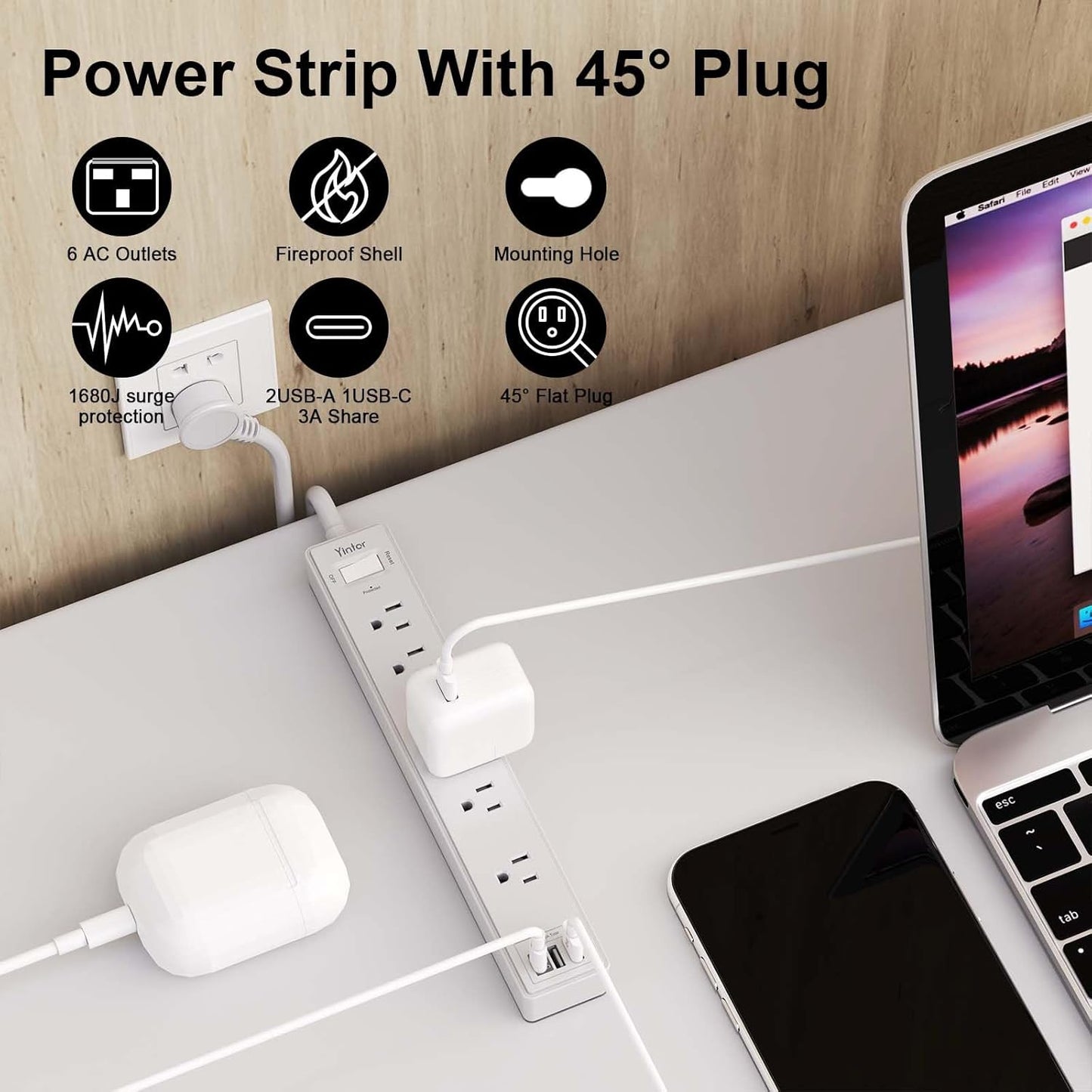10Ft Power Strip Surge Protector - Yintar Extension Cord with 6 AC Outlets and 3 USB Ports for Home, Office, Dorm Essentials, 1680 Joules, ETL Listed, Grey
