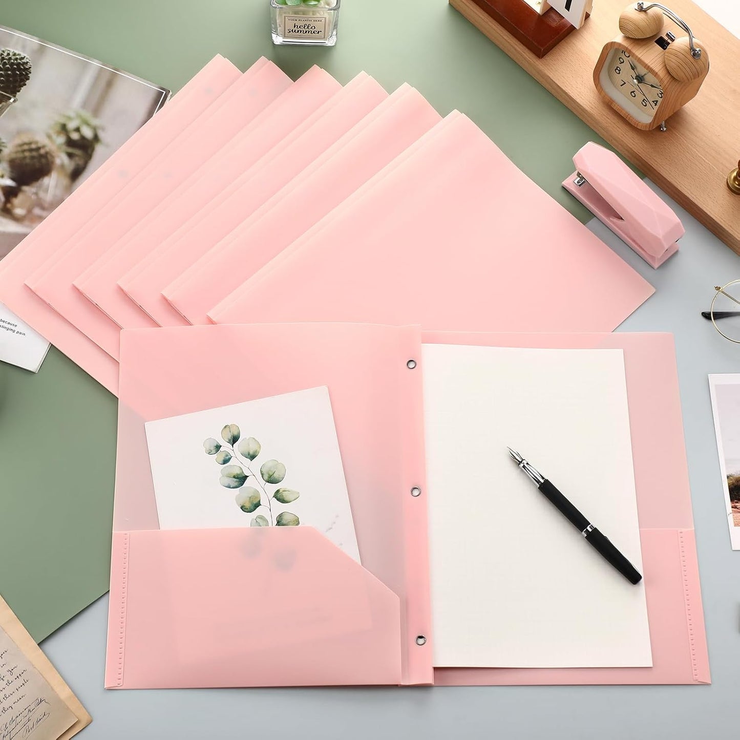 Patelai 48 Pcs Plastic Folders with 2 Pockets and 3 Prongs Home Folders with Card Slot Letter Size Heavy Duty Report Covers for Back to School(Pink,Classic)