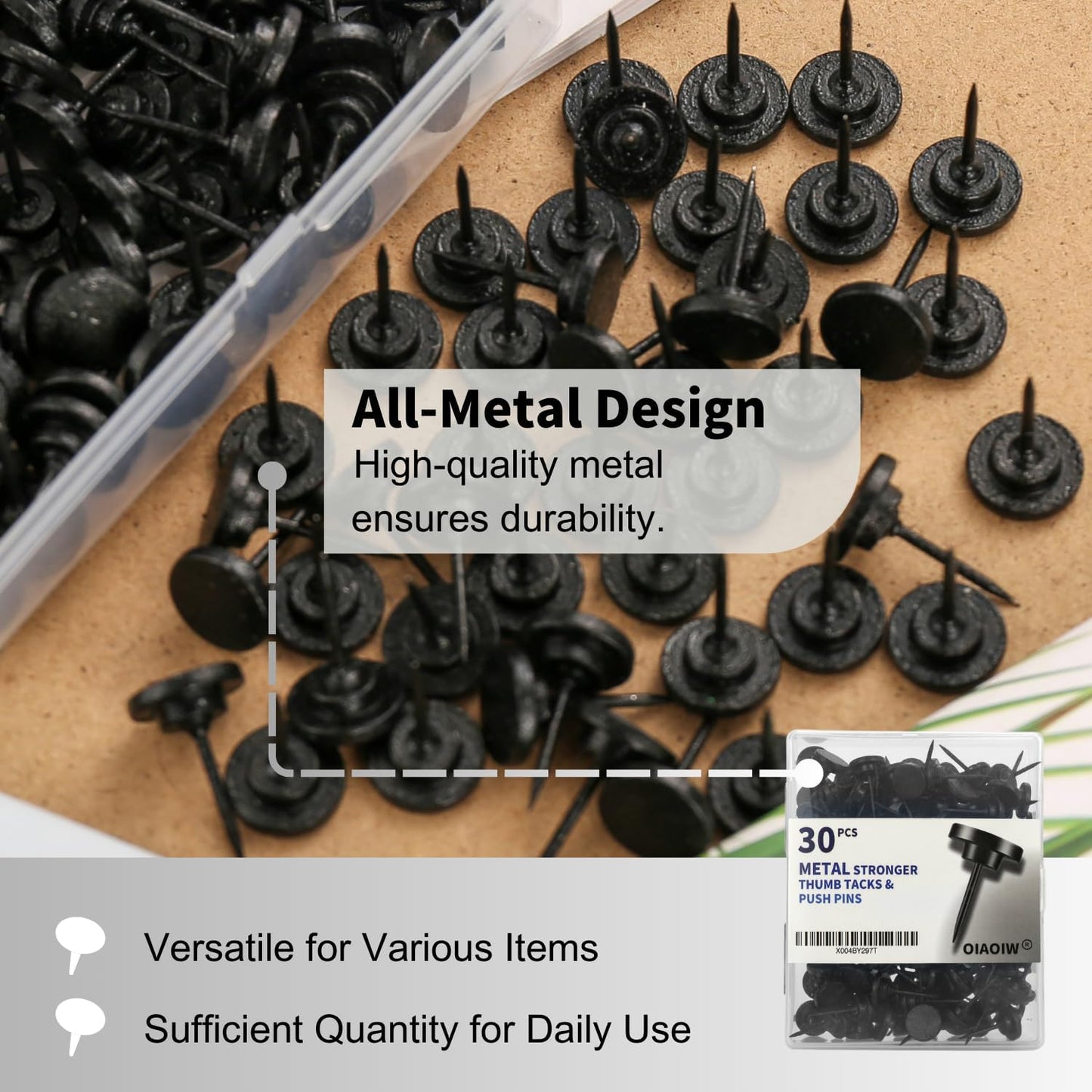 30 PCS Metal Black Push Pins for Wall Clear Thumb Tacks for Walls Flat thumbtacks Push pin for Bulletin Board Shadow Box Display Thumbtack for Cork Board