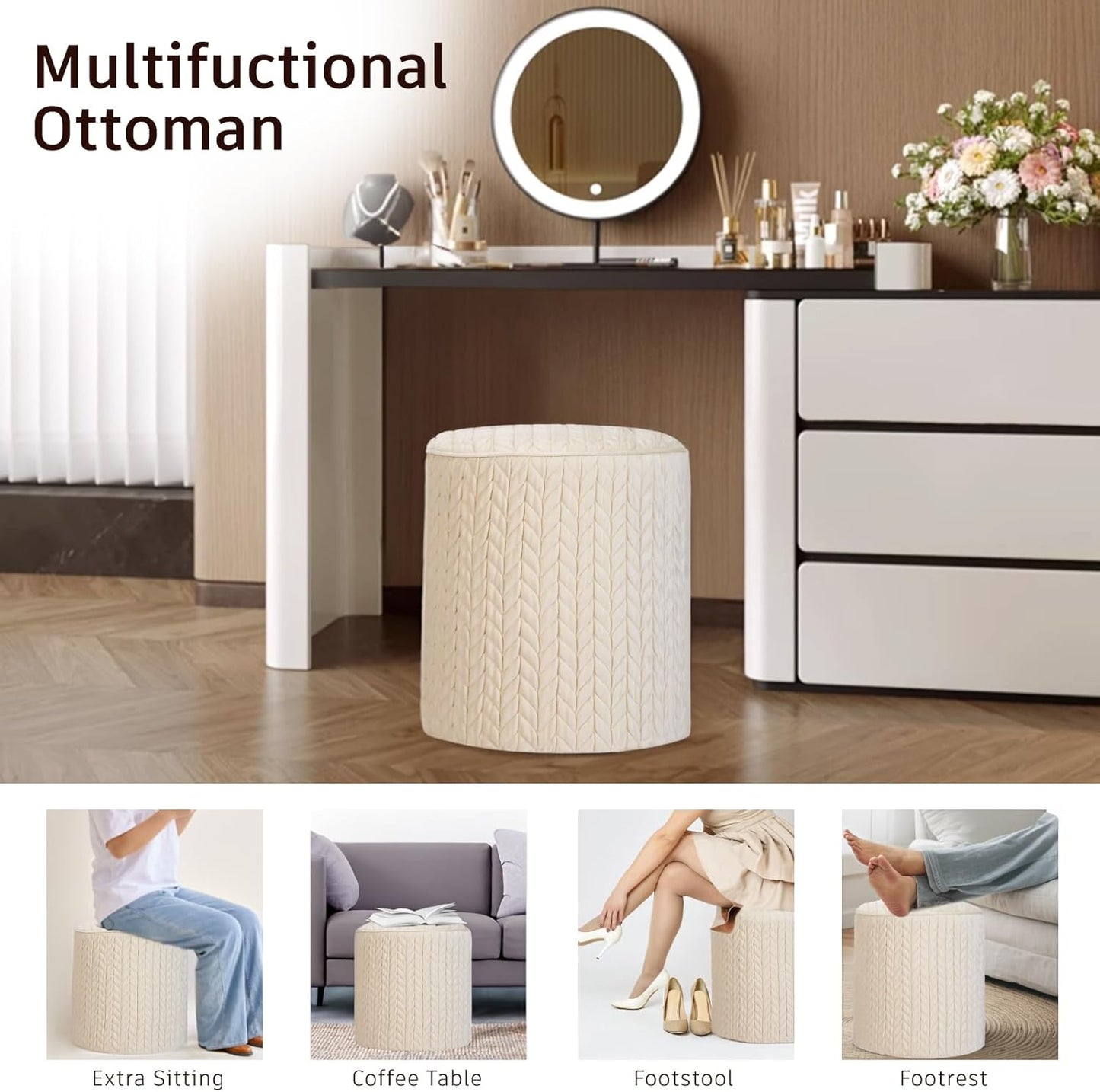 Modern Round Ottoman, Braided-Tufted Foot Stool Ottoman, Velvet Upholstered Vanity Stool for Makeup, Bedroom, Living Room, White