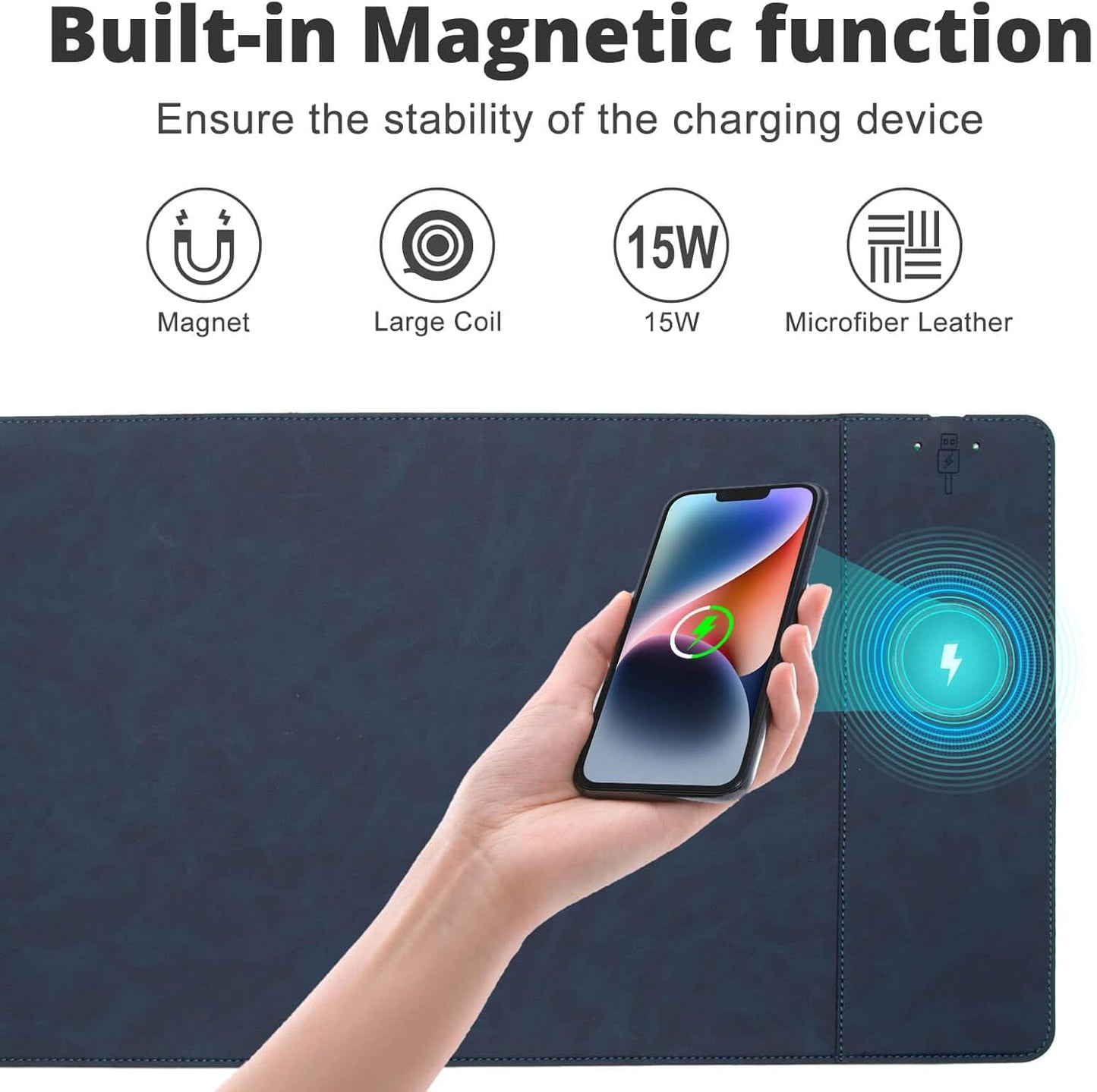 Magnetic Wireless Charging Desk Mat, 31"x11.7" Large Mouse Pad with Ultra-Smooth Surface, Microfiber Leather Office Mouse Mat, Waterproof Extended Computer Keyboard Desk Mat for Office & Home, Laptop