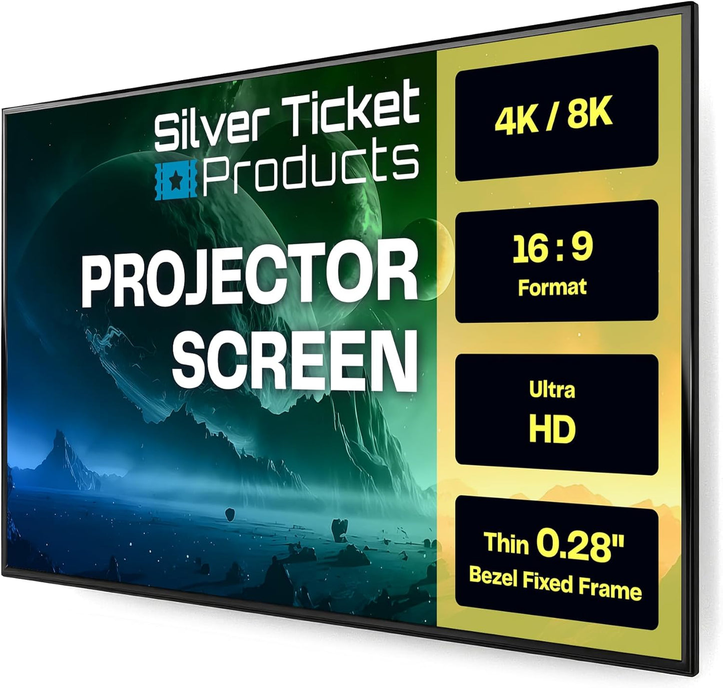 Silver Ticket Products S7 Series 6 Piece Thin Bezel Home Theater Fixed Frame 4K/8K Ultra HD, HDTV, HDR & Active 3D Projection Screen, 16:9 Format, 100" Diagonal, Grey Material S7-169100-G