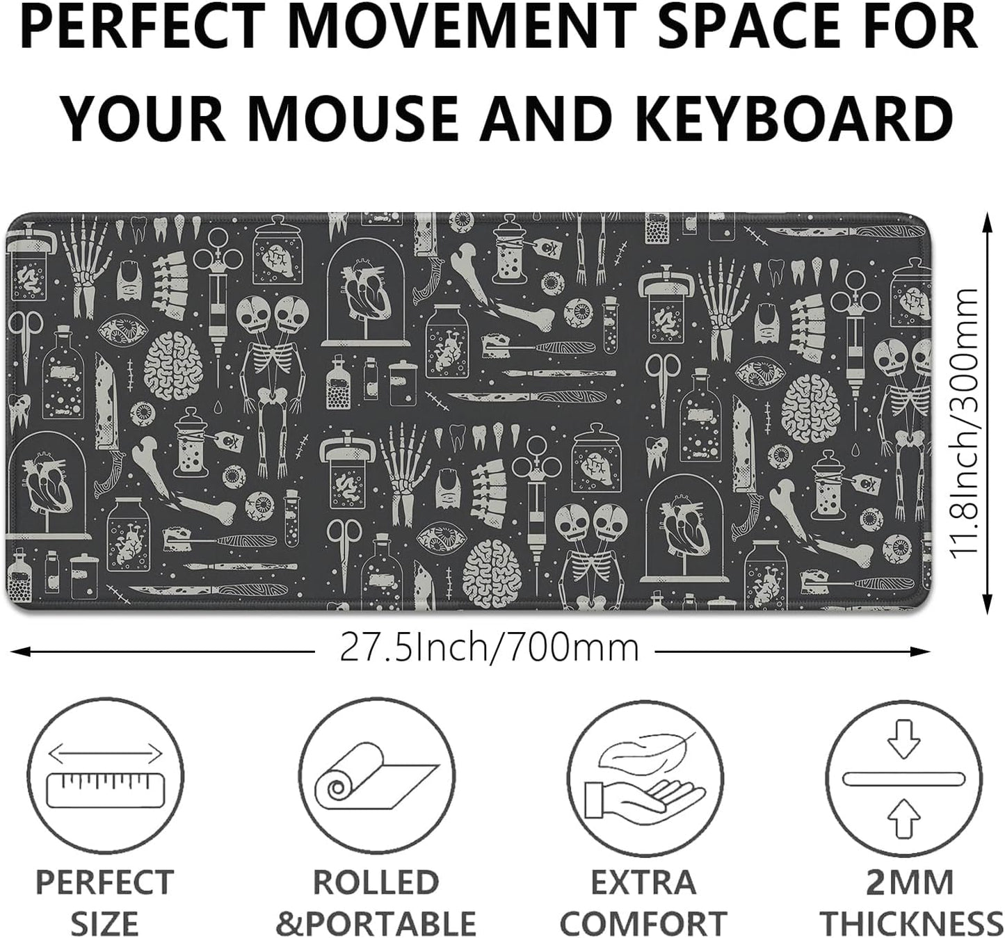 Human Skeleton Medical Mouse Pad,Large X Ray Mousepad Desk Pad with Stitched Edges,Non-Slip Waterproof Rubber Base Mouse Mat for Office Computer Keyboard Laptop Home(27.5x11.8 in)