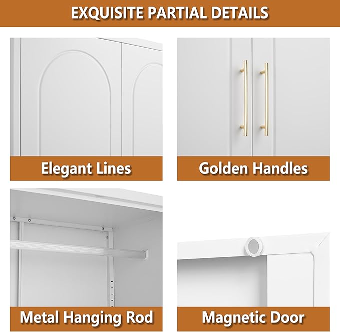 Metal Wardrobe Closet with Drawer, 71" Tall Armoire Wardrobe Closet with Hanging Rod, Freestanding Clothing Storage Cabinet with Doors, Large Wardrobes for Bedroom, White, Assembly Required