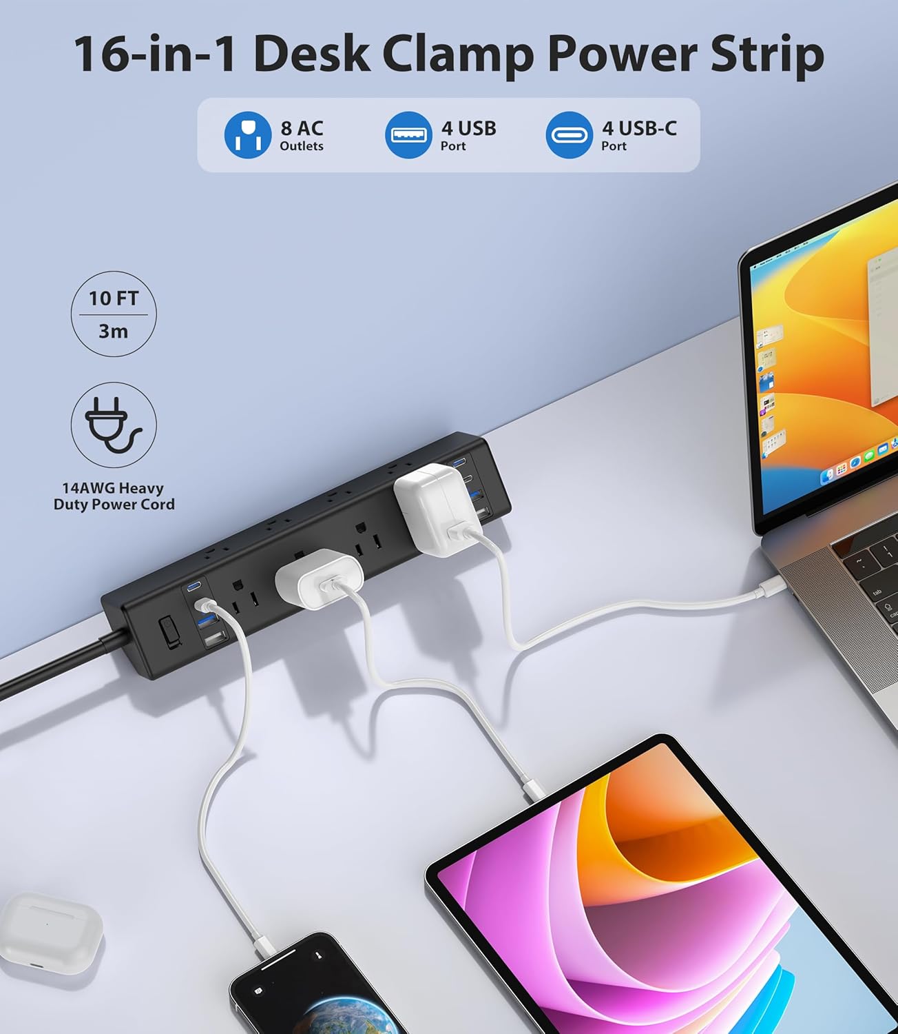 40W Fast Charging Station,Desk Clamp Power Strip 20W USB C,8 Outlets,8 USB Ports,4 USB C and 4 USB A, Office Furniture Surge Protector, 14AWG Cord, Fits 1.9" Tabletop Edge (Black, 10FT Length)