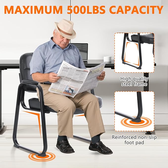 CLATINA Big & Tall Waiting Room Guest Chair with Bonded Leather Padded Arm Rest and Sled Base for Office Reception Lobby and Conference Desk, Black(8 Pack)