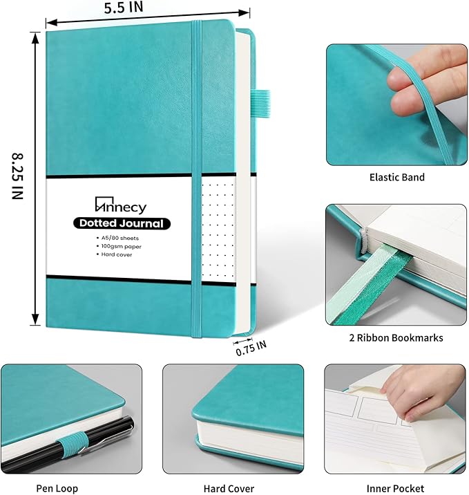 Annecy Numbered Bullet Dotted Journal Notebook, Medium 5.5x 8.25, 160 Pages 100GSM Writing Paper, A5 Turquoise Faux Leather Cover with Pen Loop
