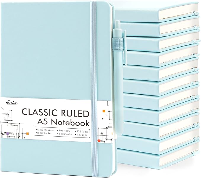 feela 12 Pack Notebooks Journals Bulk, Hardcover Notebook Classic Ruled Lined Journals with Pen Holder for Women Girls School Business Supplies, with 12 Black Pens, 120 GSM, 5.1”x8.3”, A5, Sky Blue