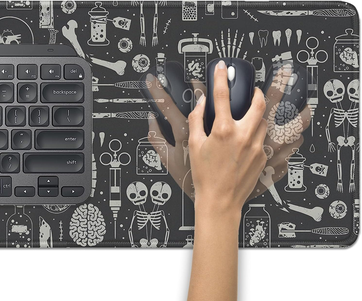 Human Skeleton Medical Mouse Pad,Large X Ray Mousepad Desk Pad with Stitched Edges,Non-Slip Waterproof Rubber Base Mouse Mat for Office Computer Keyboard Laptop Home(27.5x11.8 in)