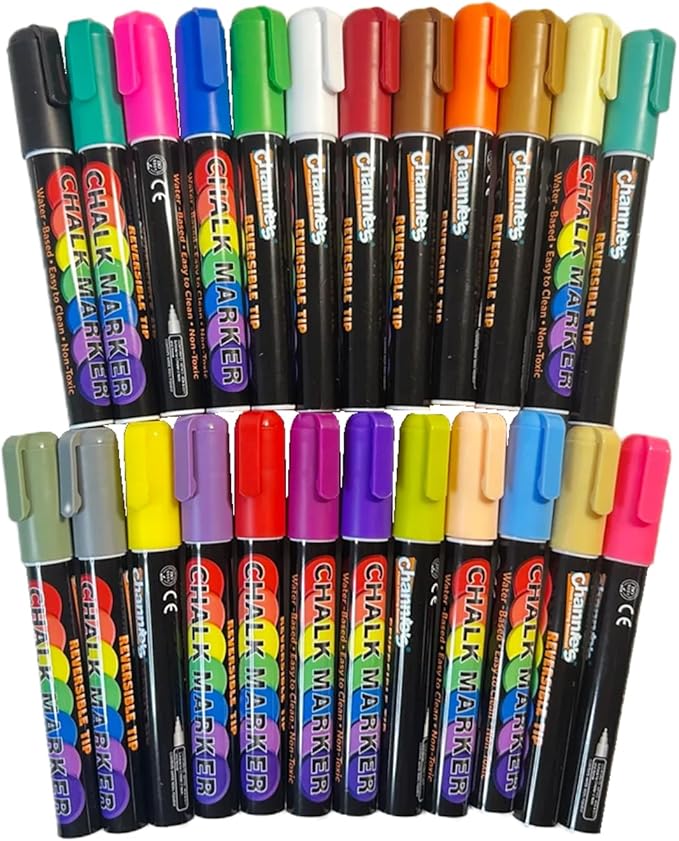 Channie's Liquid Chalk Markers, 24 Vibrant Colors, Dual-Tip Reversible Chisel & Round Tips, Works on Chalkboards, Glass, Mirrors & More, Easy to Wipe Off, Includes Labels & Tweezers