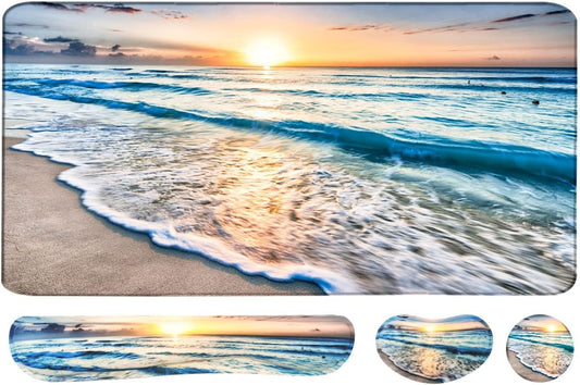 4-in-1 Large Gaming Mouse Pad, Keyboard Wrist Rest Pad & Wrist Support Mousepad Set, Extended Desk Pad Waterproof Desk Mat for Home Office Study Game-Beach
