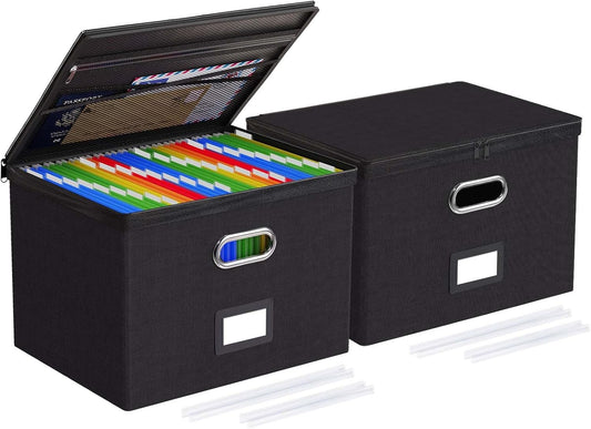Oterri 2 Pack Large File Organizer Boxes with Lids, File Box with Mesh Pockets, Document Organizer Box for Letter/Legal Size Folders, Zippers Important Document Organizer (Black, Without Folders)