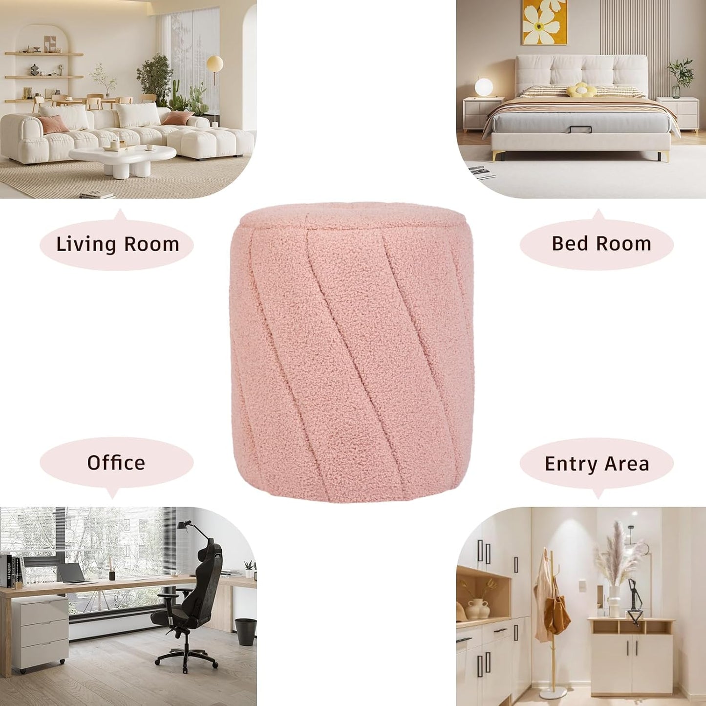 Modern Round Ottoman, Spiral-Tufted Foot Stool Ottoman, Teddy Fleece Upholstered Vanity Stool for Makeup, Bedroom, Living Room, Pink