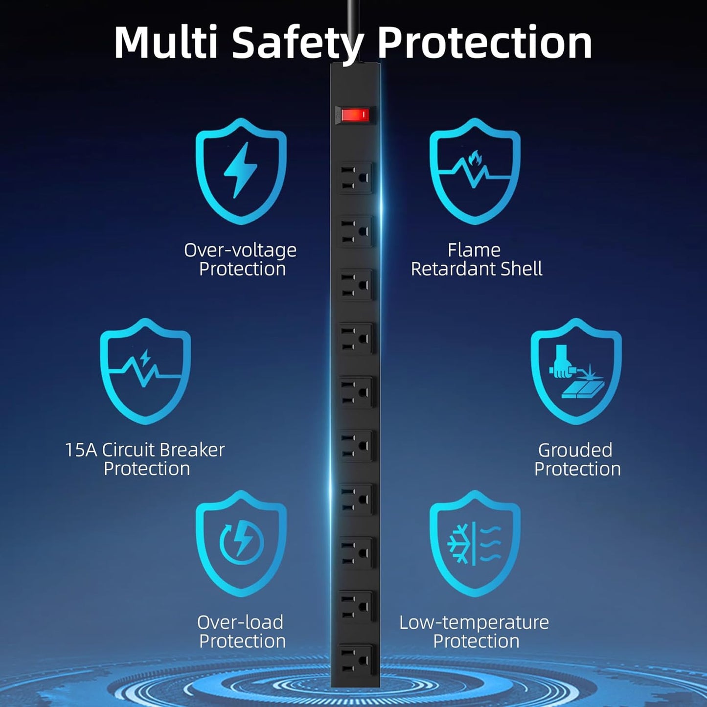 10 Outlet Power Strip 6FT Long Extension Cord Heavy Duty Power Strip Wall Mount Outlet Metal for Kitchen,Office,School,Garage,Workshop,Industrial,125V/15A/1825W,Black(6FT)