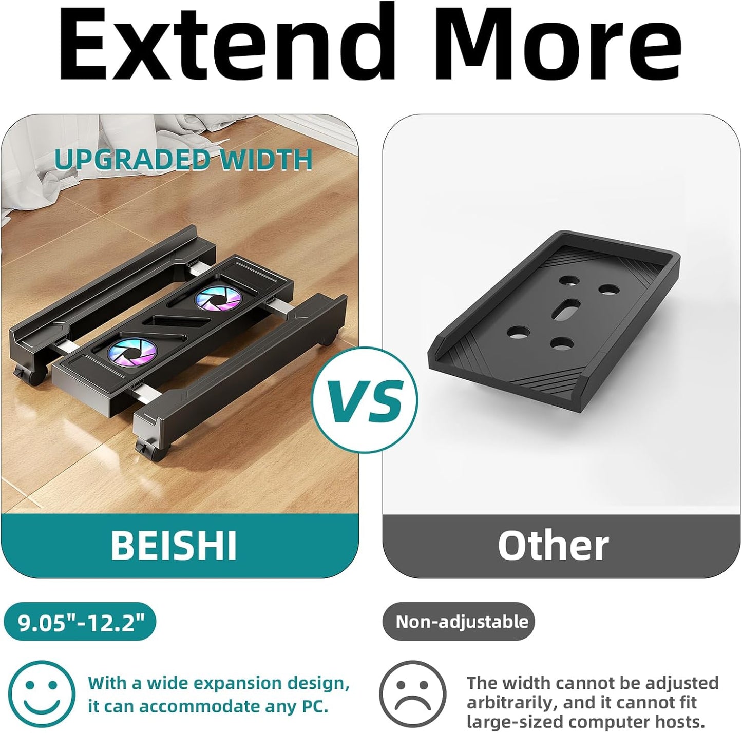 Adjustable Computer Tower Stand with Cooling Fan, Mobile CPU Holder with 4 Rolling Casters, Under Desk CPU Bracket PC Floor Cart PC Riser for Office, Home and Classroom. (Fan Version)