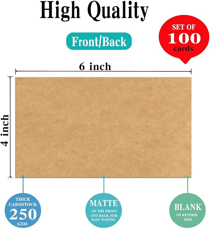 4x6 Blank Kraft Cardstock (Set of 100) - Card Stock for Printer Postcards, Photo Paper Invitations, Greeting, Note, Thank You, Index Cards - Plain for Writing, DIY Making, Stamping, Printing, Art