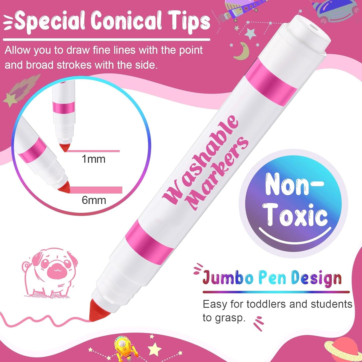 Janlaugh 60 Pcs Pink Washable Markers Bulk Coloring Broad Line Markers for Kids Conical Tip Pink drawing pens for Classroom Back to School travel Art baby shower gender reveal Supplies, Ages 6+