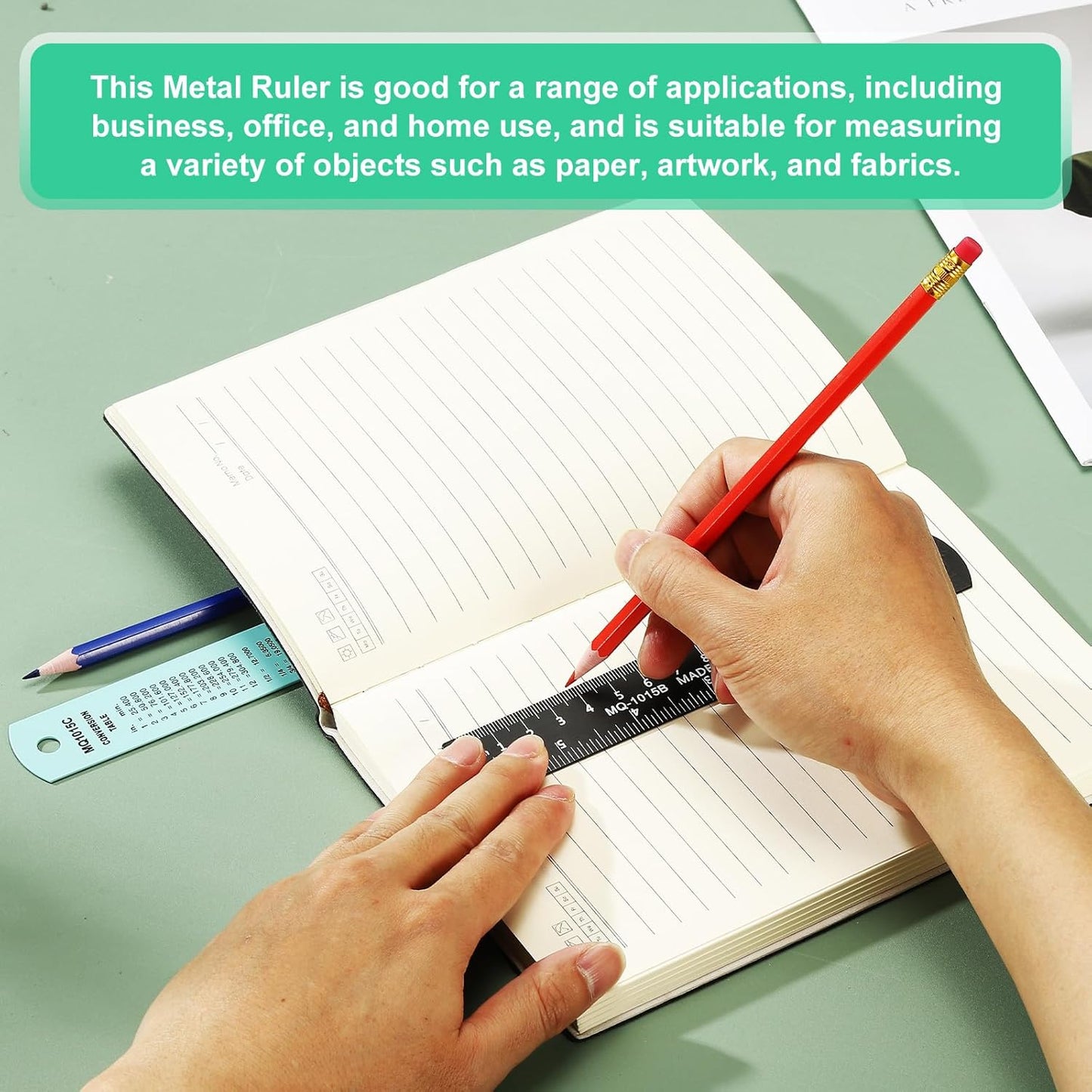 PATIKIL 20cm/8" Metal Ruler, 2 Pack Aluminum Alloy Rulers with Centimeters, Millimeters, Inches and Conversion Table Straight Edge Ruler for Writing Machinist Drafting, Blue Green