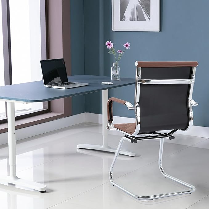 Office Guest Reception Chairs Set of 4 - Modern PU Leather Conference Room Chair With Mid Back for Waiting Room, Desk - Coffee