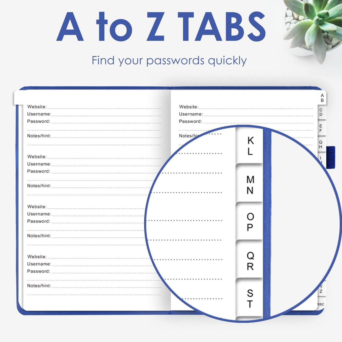 Elegant Password Book with Alphabetical Tabs - Hardcover Password Book for Internet Website Address Login - 7" x 10" Password Keeper and Organizer w/Notes Section & Back Pocket（Royal Blue）