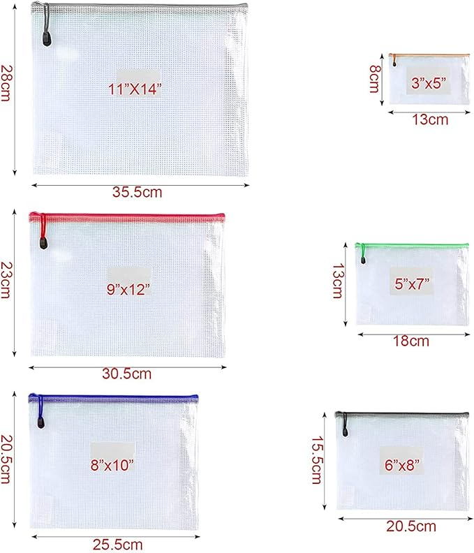 Oaimyy-18 Pcs,Plastic Mesh Zipper Pouch Document Folders Bag Zipper Zip File Folders for Office Supplies, Travel,Organizing Storage (6 Sizes, Multicolor)
