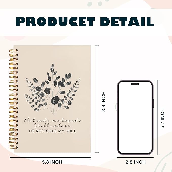 BearCake Christian Notebook Journal, Christian Gifts for Women, PSALM 23:3 He Restores My Soul Prayer Journal for Women, Bible Journaling Neutral Hardcover Spiral Notebook 5.5x8.3