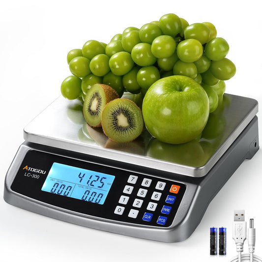 66lb Food Scale, Commercial Kitchen Scale with Price Computing, Plug-in Usable, 0.05oz/1g, 304 Stainless Steel, for Cooking, Vegetables, Farm, Industry, Counting. LC300 Grey