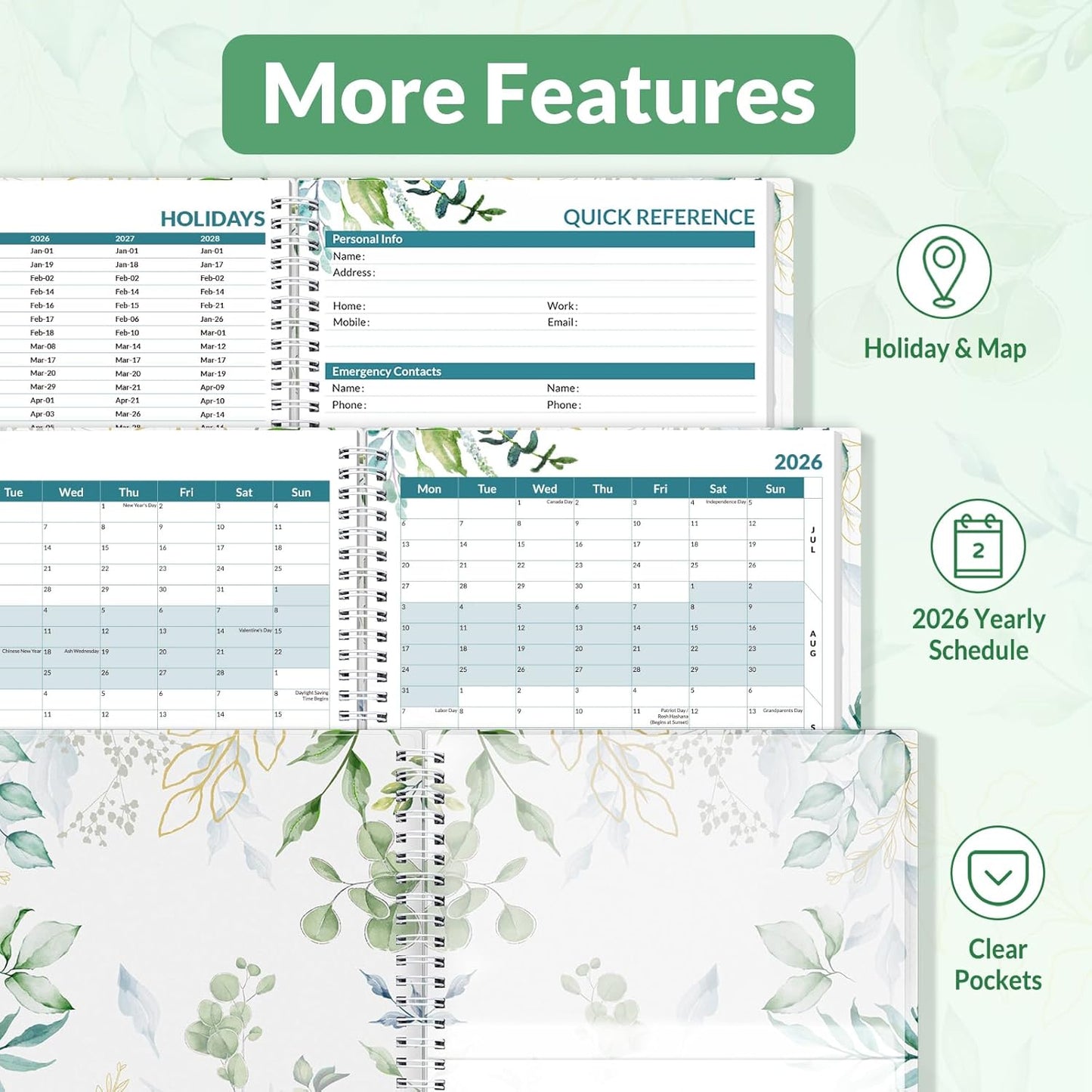SUNEE 2026 Weekly and Monthly Planner - from January 2026 - December 2026, 6.4" x 8.3" Daily Agenda Planner with Monthly Tab, Flexible Cover, Note Pages, Pockets, Bookmark, Spiral Binding, Greenery