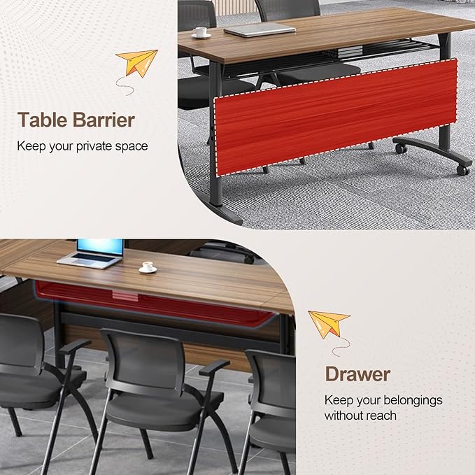 Folding Conference Room Table, Modern Conference Tables with Wheels, Large Rectangular Mobile Training Tables for Office Classroom, Foldable Modular Boardroom Seminar Table Walnut (6pack L55.1in)