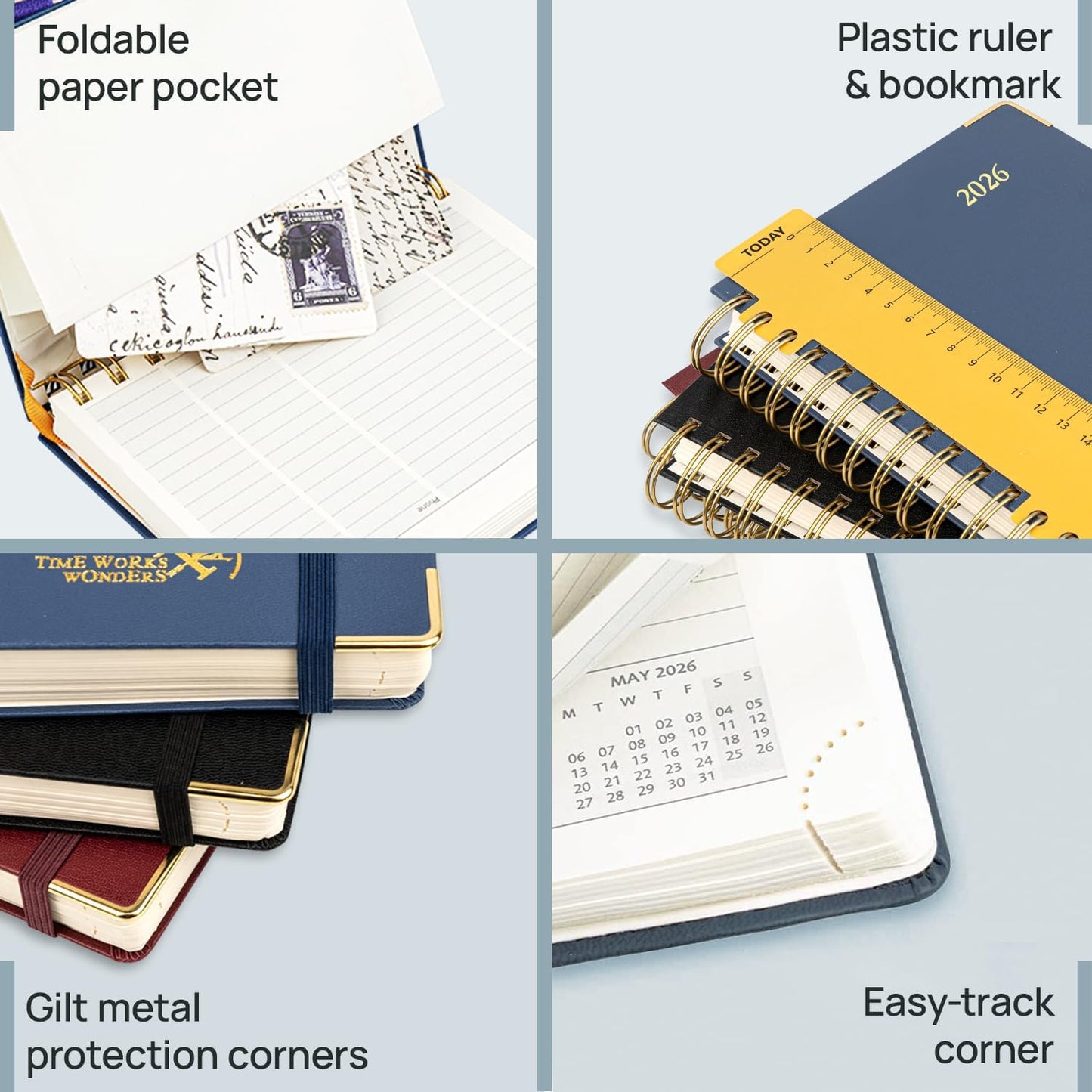 POPRUN 2026 Planner (Pocket Size 4''x 6.25'' Wire-Bond Hard Cover) Calendar Weekly and Monthly (Jan.2026-Dec.2026) Small Planner with Hourly Time Slots, for Purse, 100 GSM - Pacific Green