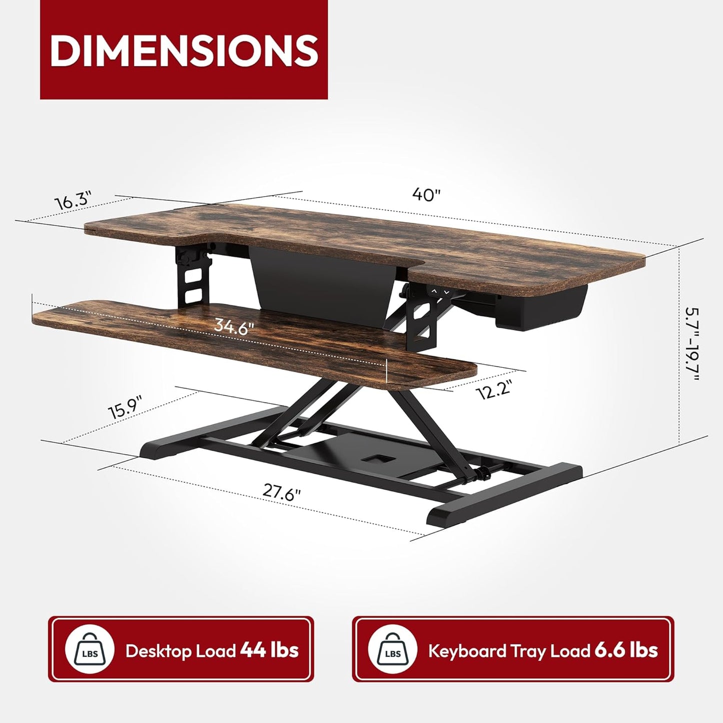 SANODESK Standing Desk Converter with Electric Motor 40" Height Adjustable Riser for Office Home,Dual Monitor and Laptop Workstation with Large Keyboard Tray,Rustic Color