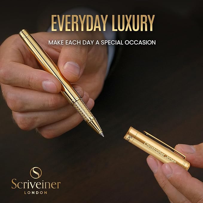 Scriveiner Personalized Gold Rollerball Pen - Stunning Luxury Pen, Real Gold Plating, Schmidt Ink Refill, Best Engraved Roller Ball Gift Set for Men & Women, Custom Name Engraving