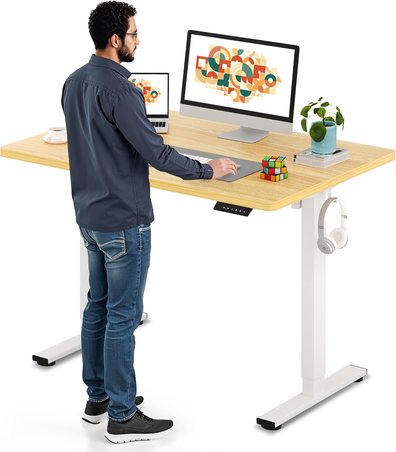 SANODESK Electric Standing Desk 48 x 30 Inches Whole-Piece Desktop Height Adjustable Stand Up Desk w/6-Button Controller Ergonomic Computer Desk for Home Office, White Frame + Natural Tabletop