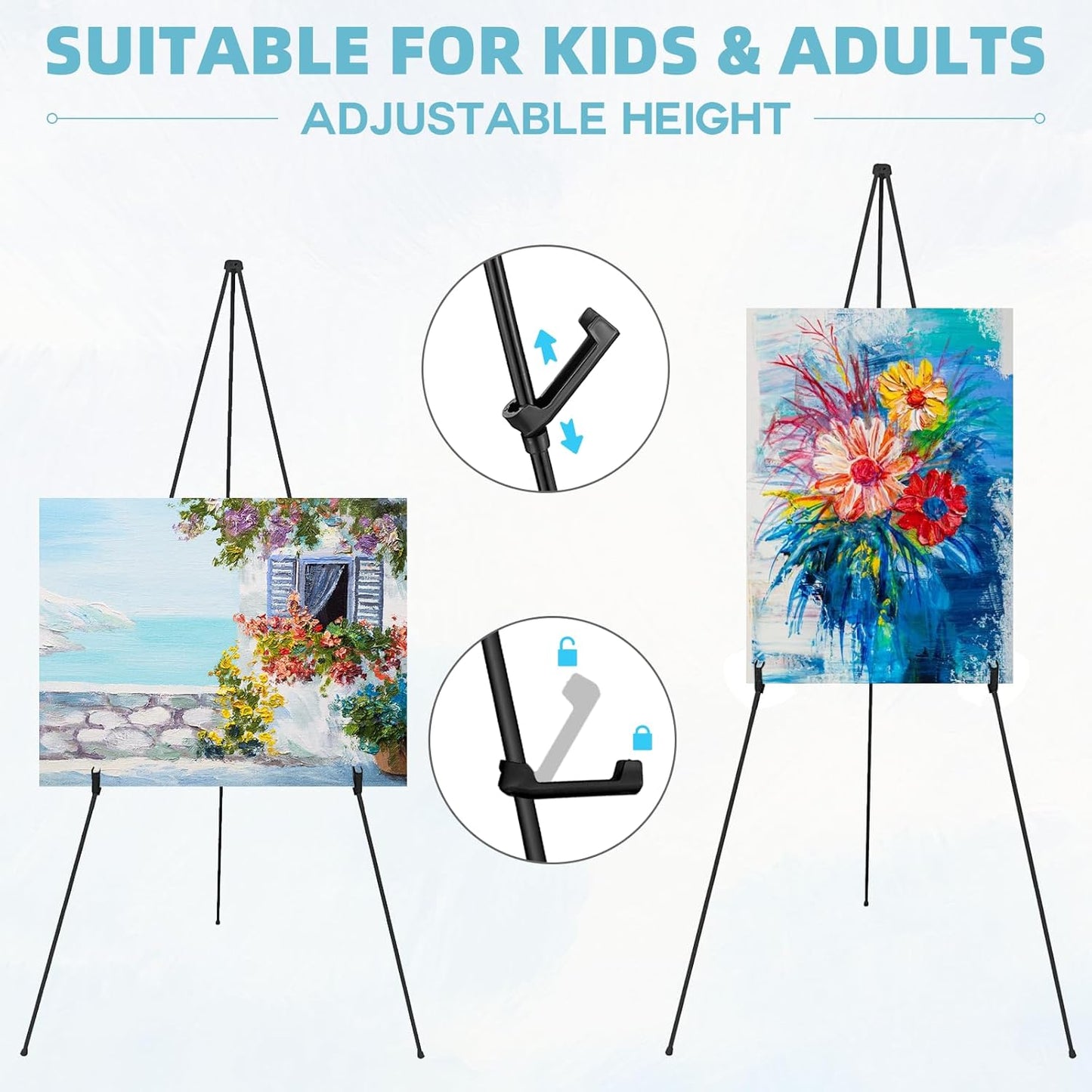 Easel Stand 65 Inches 3 Pcs, Lightweight Adjustable Art Easel for Display, Wedding Sign, Poster, Black Metal Easel with Portable Bags