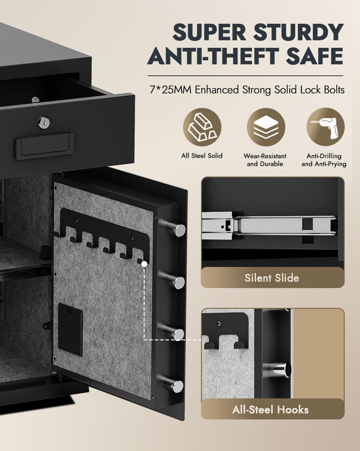 5.1 Cu Ft Safe for Home with Fireproof and Waterproof Document Bag Cash Money Drawer Safe with Digital Keypad Alarm System Removable Shelf Security Safes for Money Cash Documents Medicines